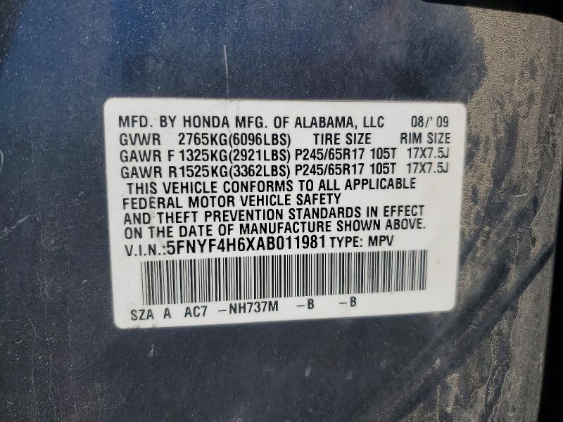 58250616 :رقم المزاد ، 5FNYF4H6XAB011981 vin ، 2010 Honda Pilot مزاد بيع