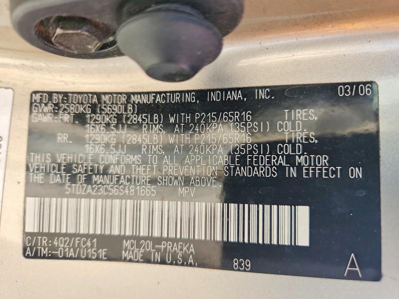 2006 Toyota Sienna მანქანა იყიდება აუქციონზე, vin: 5TDZA23C56S481665, აუქციონის ნომერი: 55655546