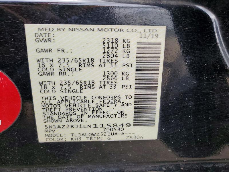 56088896 :رقم المزاد ، 5N1AZ2BJ1LN115849 vin ، 2020 Nissan Murano مزاد بيع