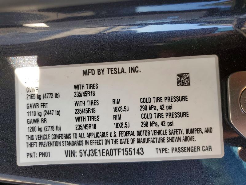 Aukcja sprzedaży 2026 Tesla Model 3, vin: 5YJ3E1EA0TF155143, numer aukcji: 57085586