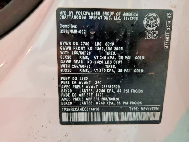 Продажа на аукционе авто 2019 Volkswagen Atlas, vin: 1V2NR2CA4KC514610, номер лота: 57070526
