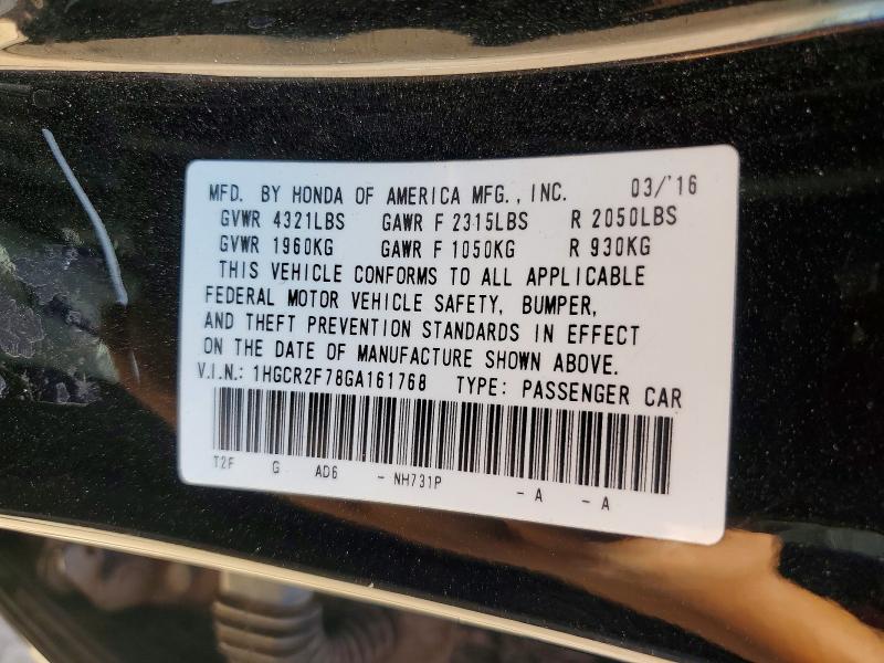 Продаж на аукціоні авто 2016 Honda Accord, vin: 1HGCR2F78GA161768, номер лоту: 56181596