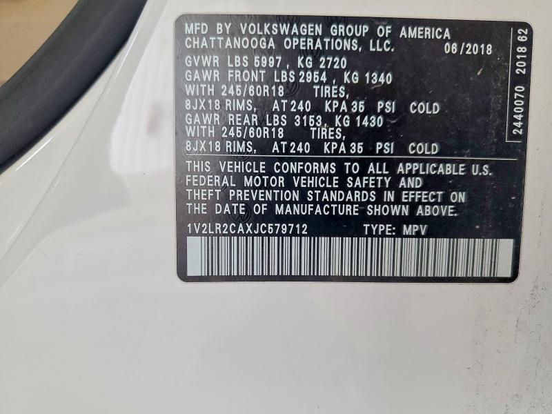 59032176 :رقم المزاد ، 1V2LR2CAXJC579712 vin ، 2018 Volkswagen Atlas مزاد بيع