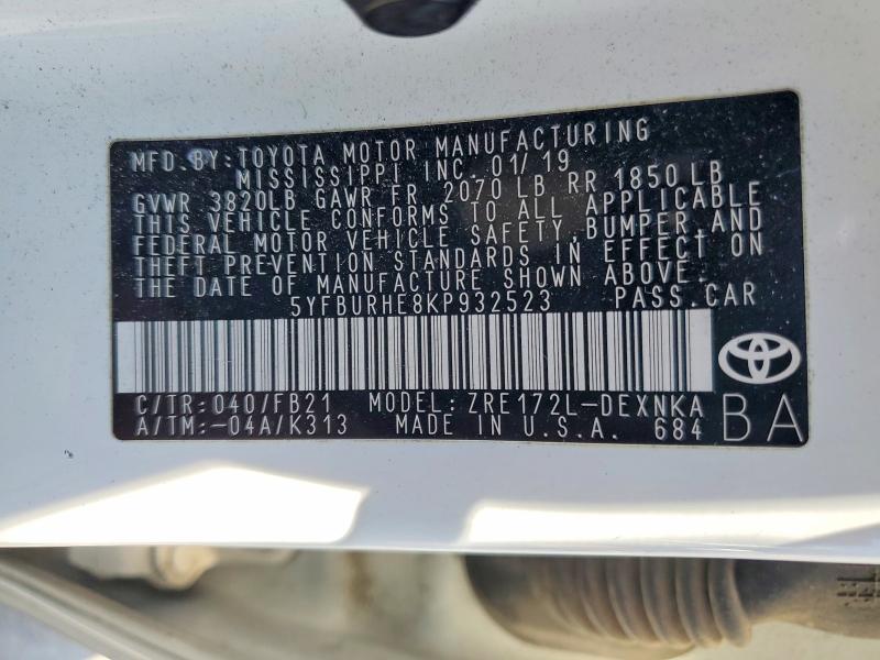 2019 Toyota Corolla მანქანა იყიდება აუქციონზე, vin: 5YFBURHE8KP932523, აუქციონის ნომერი: 56349176