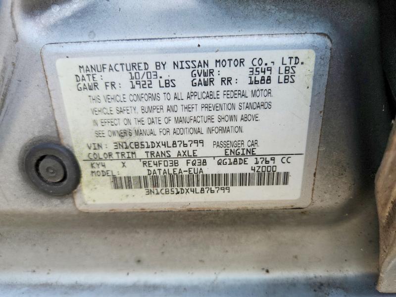 2004 Nissan Sentra მანქანა იყიდება აუქციონზე, vin: 3N1CB51DX4L876799, აუქციონის ნომერი: 85626685