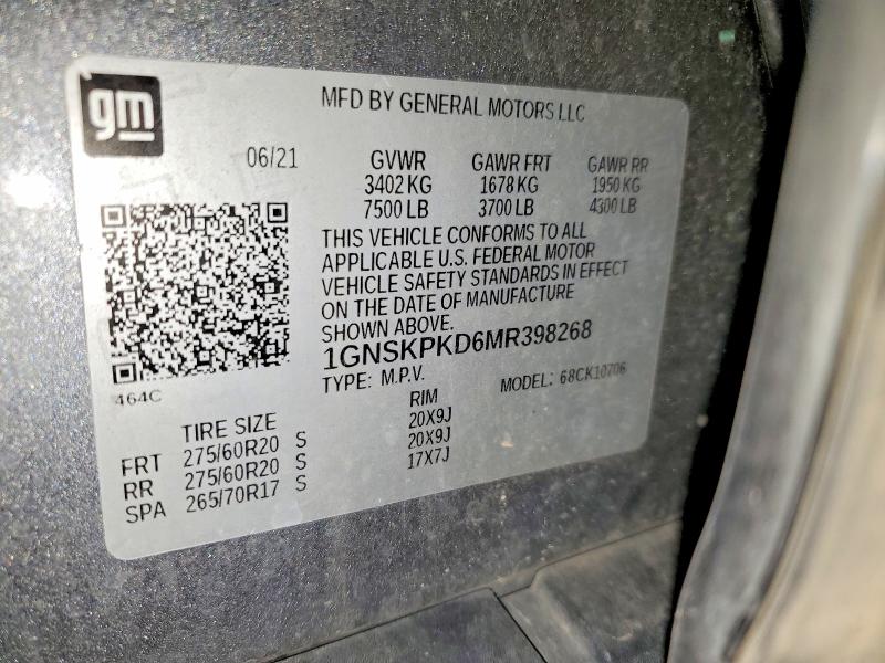 Продаж на аукціоні авто 2021 Chevrolet Tahoe, vin: 1GNSKPKD6MR398268, номер лоту: 56050796