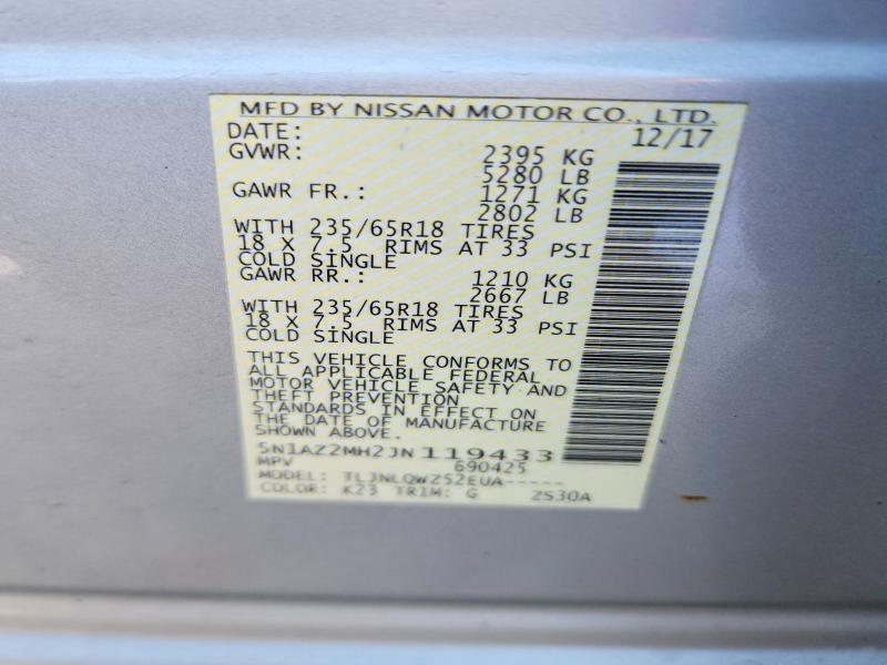 2018 Nissan Murano მანქანა იყიდება აუქციონზე, vin: 5N1AZ2MH2JN119433, აუქციონის ნომერი: 58320896