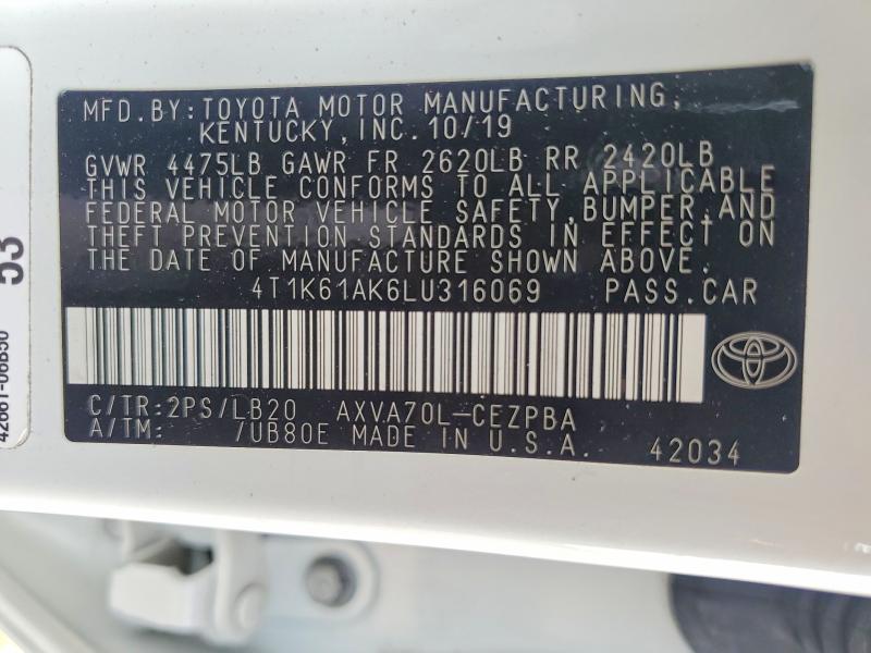 Продажа на аукционе авто 2020 Toyota Camry, vin: 4T1K61AK6LU316069, номер лота: 58608206