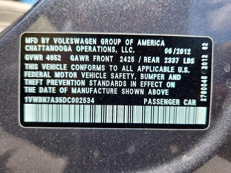 55741976 :رقم المزاد ، 1VWBN7A35DC002534 vin ، 2013 Volkswagen Passat مزاد بيع