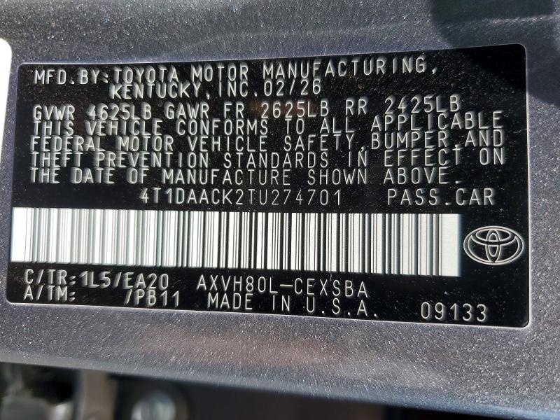 55929376 :رقم المزاد ، 4T1DAACK2TU274701 vin ، 2026 Toyota Camry مزاد بيع