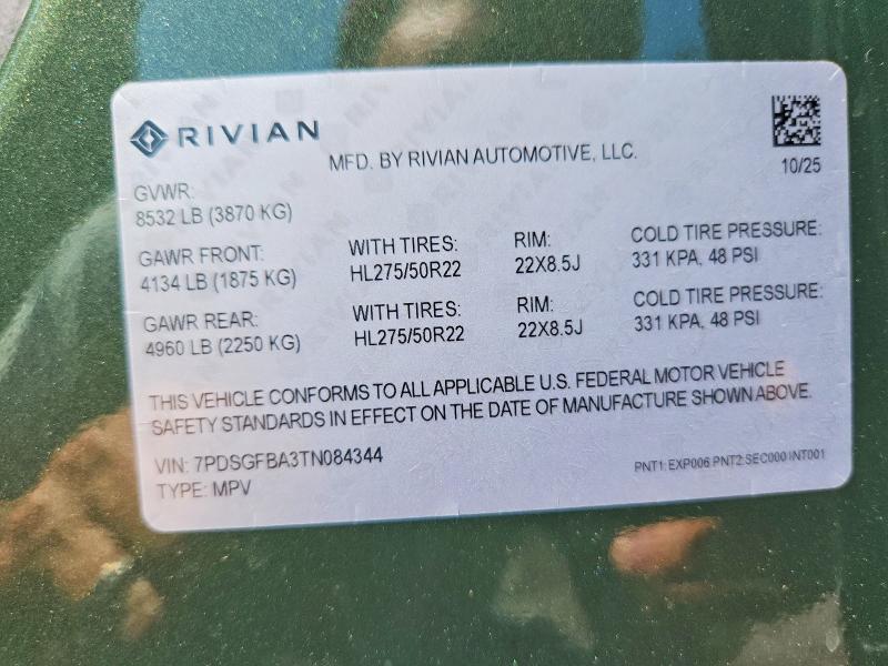 Aukcja sprzedaży 2026 Rivian R1s, vin: 7PDSGFBA3TN084344, numer aukcji: 59316966