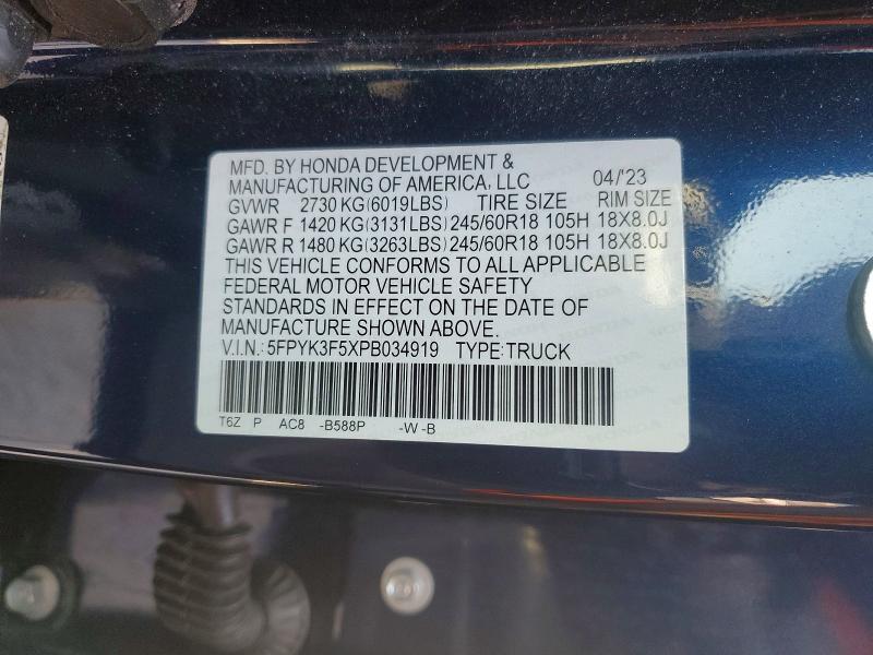 Продаж на аукціоні авто 2023 Honda Ridgeline, vin: 5FPYK3F5XPB034919, номер лоту: 57088606