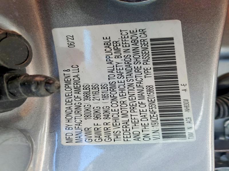 2022 Honda Insight მანქანა იყიდება აუქციონზე, vin: 19XZE4F55NE015868, აუქციონის ნომერი: 55638106
