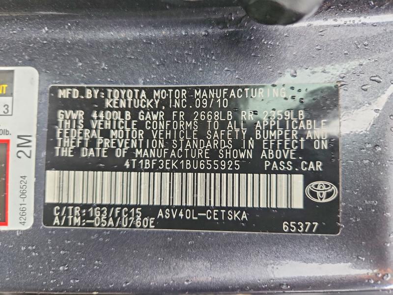 2011 Toyota Camry მანქანა იყიდება აუქციონზე, vin: 4T1BF3EK1BU655925, აუქციონის ნომერი: 57219146
