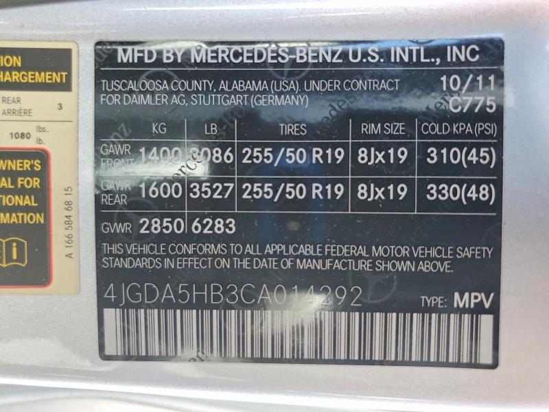2012 Mercedes-benz Ml მანქანა იყიდება აუქციონზე, vin: 4JGDA5HB3CA014292, აუქციონის ნომერი: 57838226