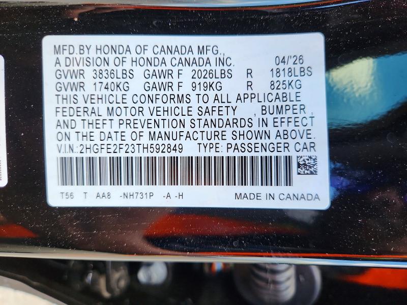 Продаж на аукціоні авто 2026 Honda Civic, vin: 2HGFE2F23TH592849, номер лоту: 57472186