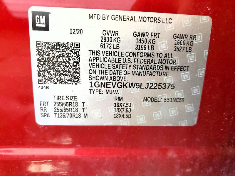 2020 Chevrolet Traverse მანქანა იყიდება აუქციონზე, vin: 1GNEVGKW5LJ225375, აუქციონის ნომერი: 55602336