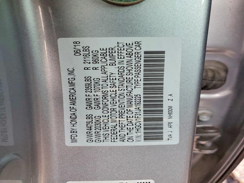 2018 Honda Accord მანქანა იყიდება აუქციონზე, vin: 1HGCV1F31JA192225, აუქციონის ნომერი: 56371236