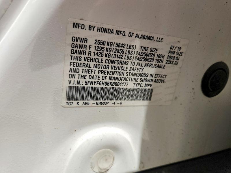 59111996 :رقم المزاد ، 5FNYF6H06KB004177 vin ، 2019 Honda Pilot مزاد بيع