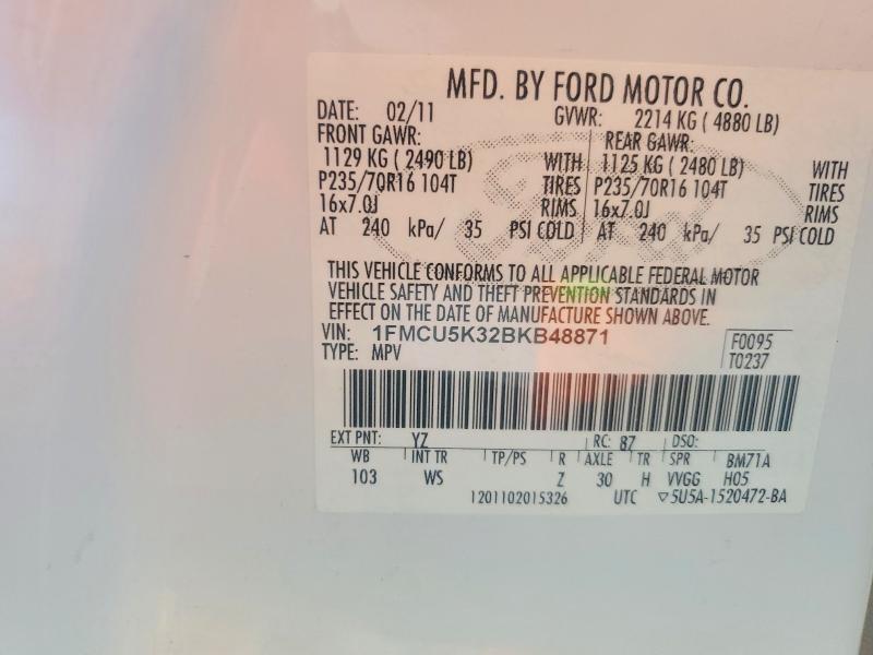 2011 Ford Escape მანქანა იყიდება აუქციონზე, vin: 1FMCU5K32BKB48871, აუქციონის ნომერი: 55565706