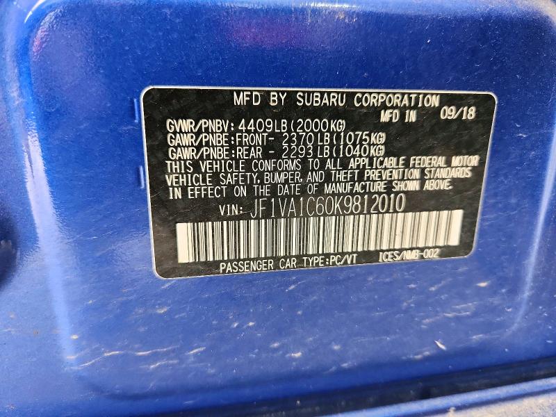 Продажа на аукционе авто 2019 Subaru Wrx, vin: JF1VA1C60K9812010, номер лота: 41634386