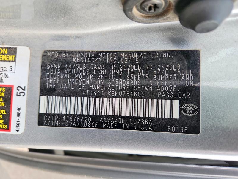 Продажа на аукционе авто 2019 Toyota Camry, vin: 4T1B11HK9KU754605, номер лота: 56291906