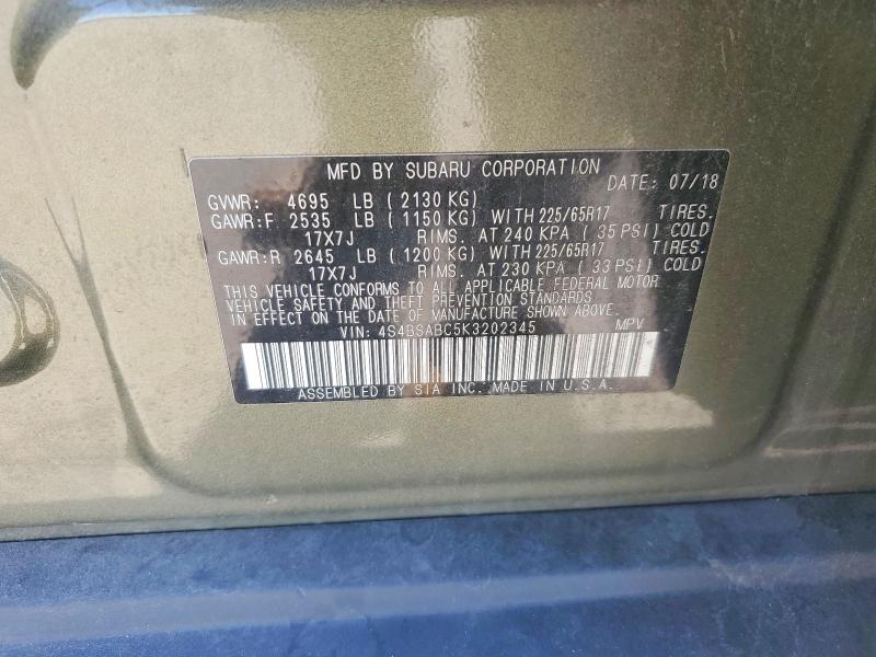 Продаж на аукціоні авто 2019 Subaru Outback, vin: 4S4BSABC5K3202345, номер лоту: 56836666