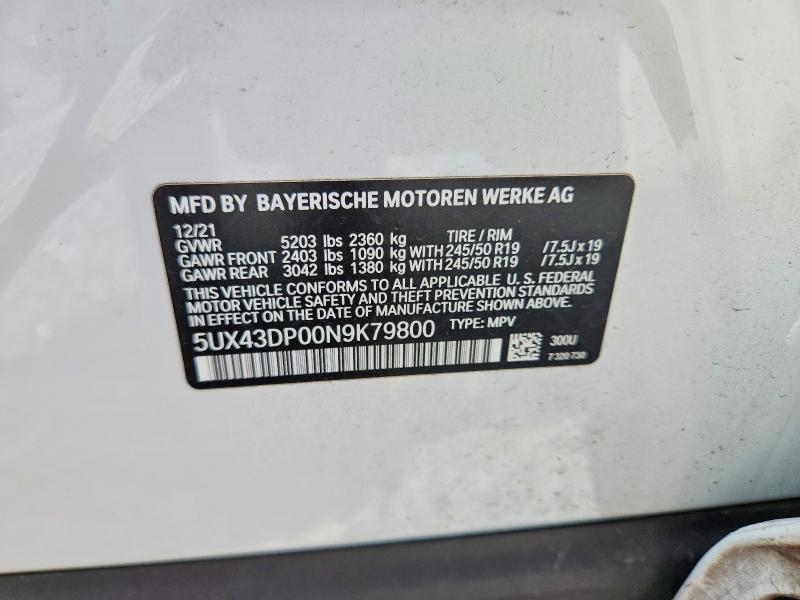 58421786 :رقم المزاد ، 5UX43DP00N9K79800 vin ، 2022 Bmw X3 مزاد بيع