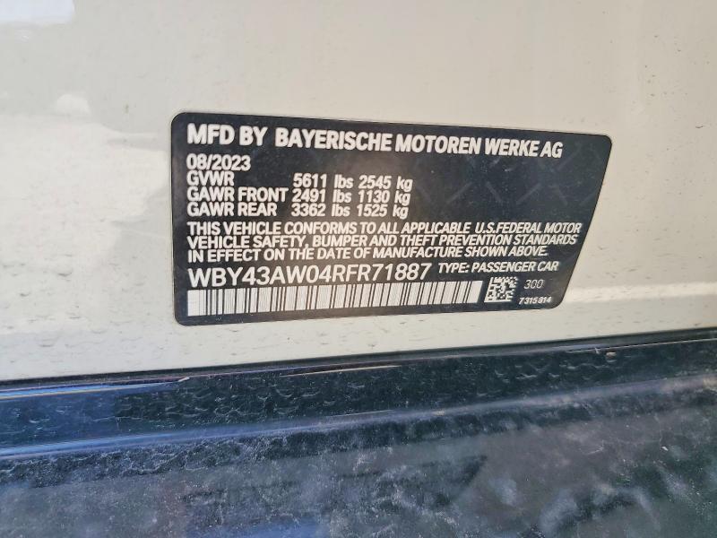 2024 Bmw I4 მანქანა იყიდება აუქციონზე, vin: WBY43AW04RFR71887, აუქციონის ნომერი: 57319346