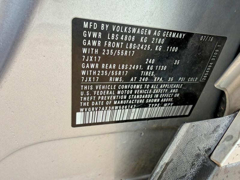 Aukcja sprzedaży 2017 Volkswagen Tiguan, vin: WVGRV7AX3HW506147, numer aukcji: 57091446