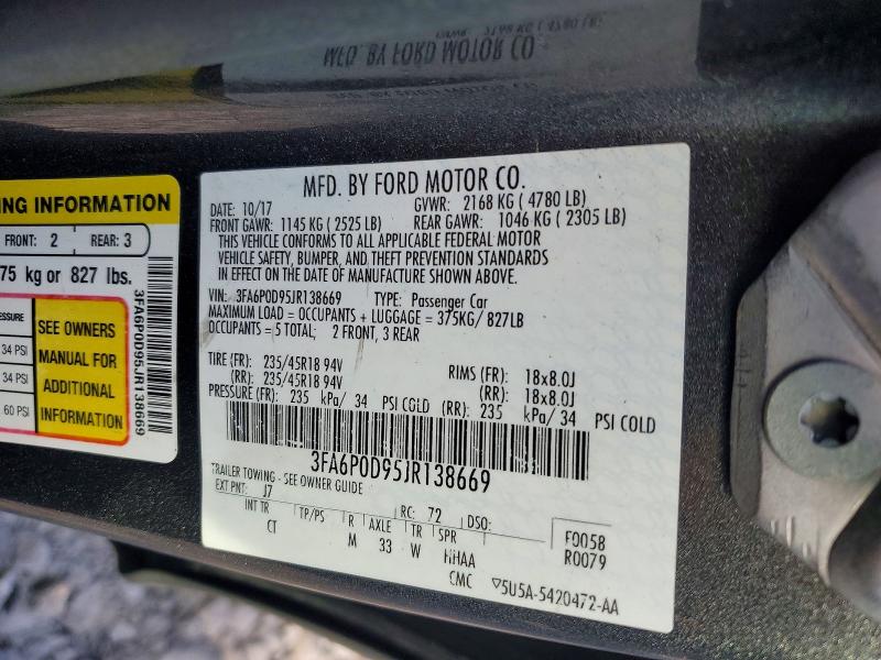 2018 Ford Fusion მანქანა იყიდება აუქციონზე, vin: 3FA6P0D95JR138669, აუქციონის ნომერი: 57116506