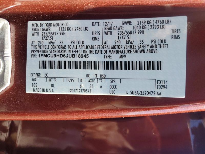 57495386 :رقم المزاد ، 1FMCU9HD6JUB18945 vin ، 2018 Ford Escape مزاد بيع