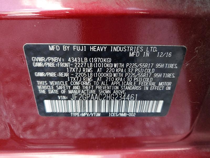 2017 Subaru Crosstrek მანქანა იყიდება აუქციონზე, vin: JF2GPAAC2HG234461, აუქციონის ნომერი: 56949396