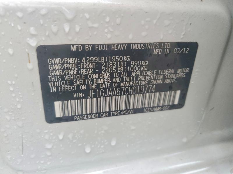 2012 Subaru Impreza მანქანა იყიდება აუქციონზე, vin: JF1GJAA67CH019774, აუქციონის ნომერი: 59288246