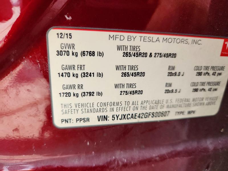 2016 Tesla Model X მანქანა იყიდება აუქციონზე, vin: 5YJXCAE42GFS00607, აუქციონის ნომერი: 57958596