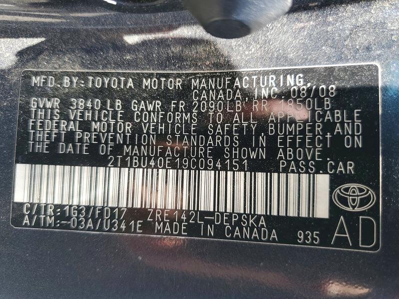 58832396 :رقم المزاد ، 2T1BU40E19C094151 vin ، 2009 Toyota Corolla مزاد بيع