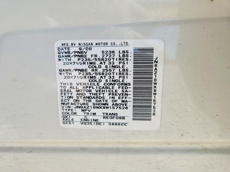 2009 Nissan Murano მანქანა იყიდება აუქციონზე, vin: JN8AZ18WX9W157526, აუქციონის ნომერი: 58953666