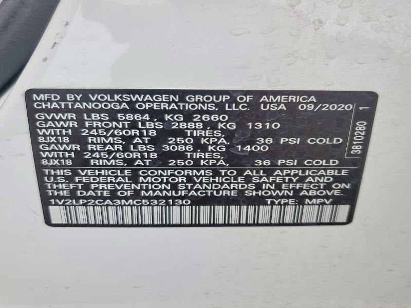 56595296 :رقم المزاد ، 1V2LP2CA3MC532130 vin ، 2021 Volkswagen Atlas مزاد بيع