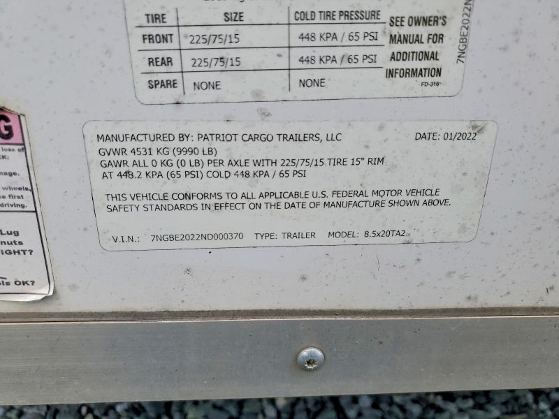 55351426 :رقم المزاد ، 7NGBE2022ND000370 vin ، 2022 Patriot Cargo Enclosed مزاد بيع