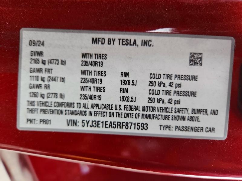 Aukcja sprzedaży 2024 Tesla Model 3, vin: 5YJ3E1EA5RF871593, numer aukcji: 58932796