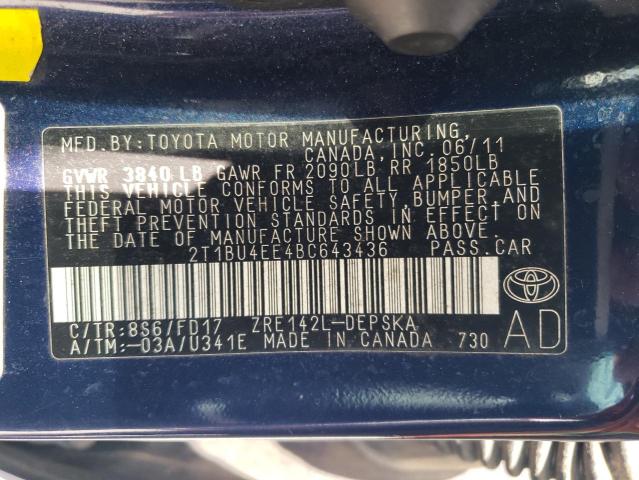 2011 Toyota Corolla Base მანქანა იყიდება აუქციონზე, vin: 2T1BU4EE4BC643436, აუქციონის ნომერი: 60638043