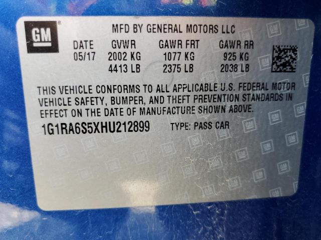 61785423 :رقم المزاد ، 1G1RA6S5XHU212899 vin ، 2017 Chevrolet Volt Lt مزاد بيع