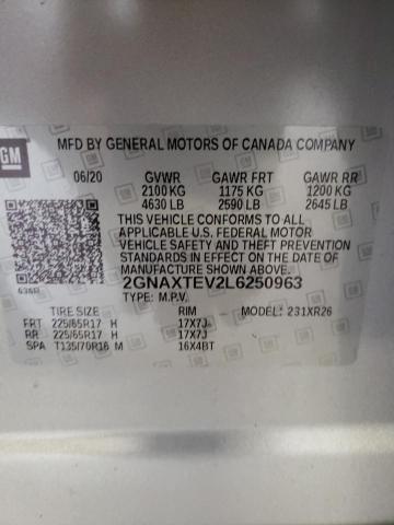 2020 Chevrolet Equinox Lt მანქანა იყიდება აუქციონზე, vin: 2GNAXTEV2L6250963, აუქციონის ნომერი: 59171513