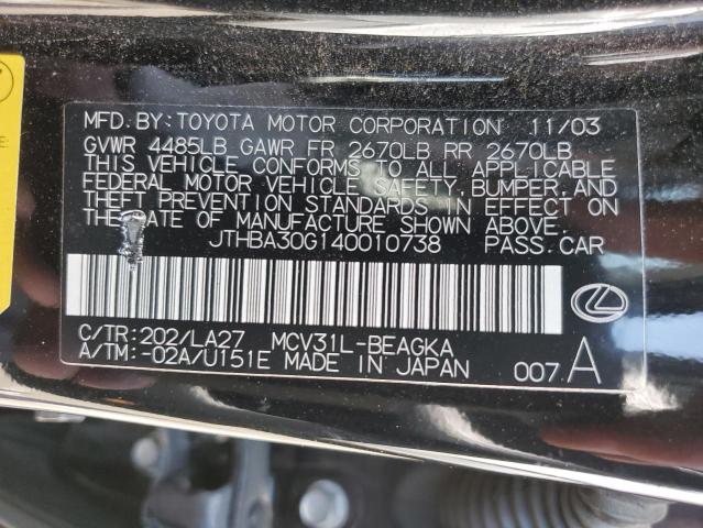 60035093 :رقم المزاد ، JTHBA30G140010738 vin ، 2004 Lexus Es 330 مزاد بيع