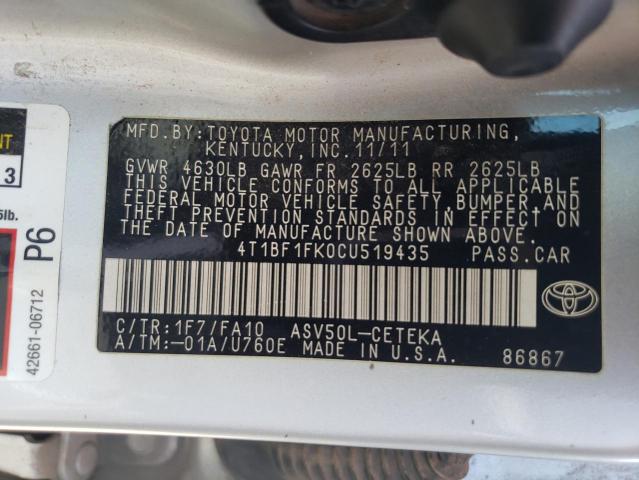 Aukcja sprzedaży 2012 Toyota Camry Base, vin: 4T1BF1FK0CU519435, numer aukcji: 59061293