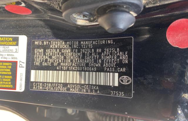 2016 Toyota Camry Le მანქანა იყიდება აუქციონზე, vin: 4T1BF1FK2GU180649, აუქციონის ნომერი: 61932923