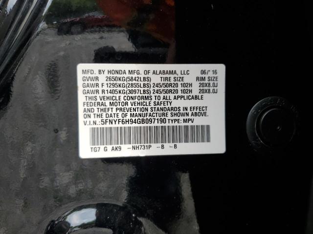 Aukcja sprzedaży 2016 Honda Pilot Touring, vin: 5FNYF6H94GB097190, numer aukcji: 60458673