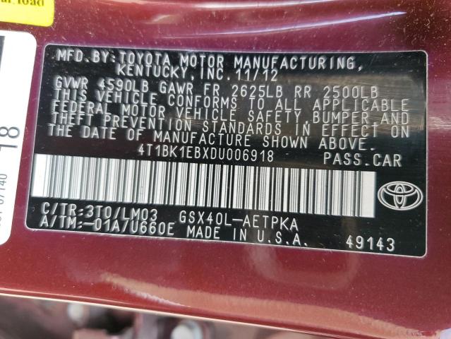 57817173 :رقم المزاد ، 4T1BK1EBXDU006918 vin ، 2013 Toyota Avalon Base مزاد بيع