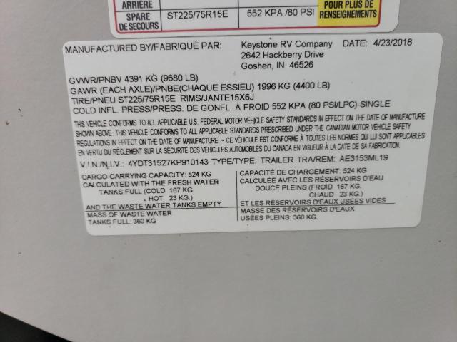 Продаж на аукціоні авто 2019 Keystone Keystone, vin: 4YDT31527KP910143, номер лоту: 60746984