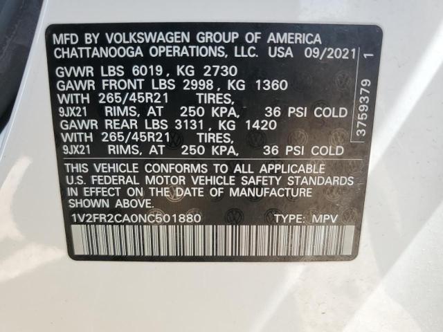 2022 Volkswagen Atlas მანქანა იყიდება აუქციონზე, vin: 1V2FR2CA0NC501880, აუქციონის ნომერი: 60805534